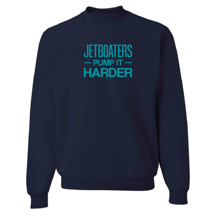 Navy blue sweatshirt with teal text on a white background
