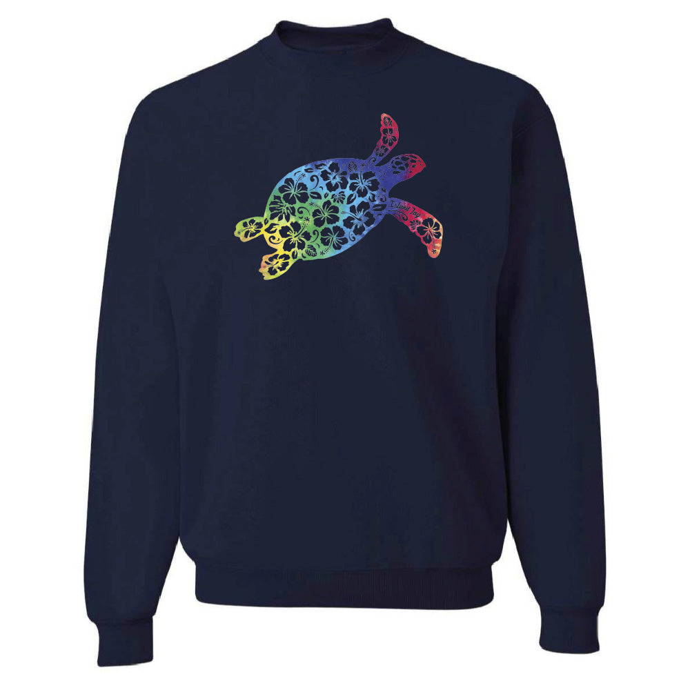 Navy blue sweatshirt with a colorful turtle design on a white background
