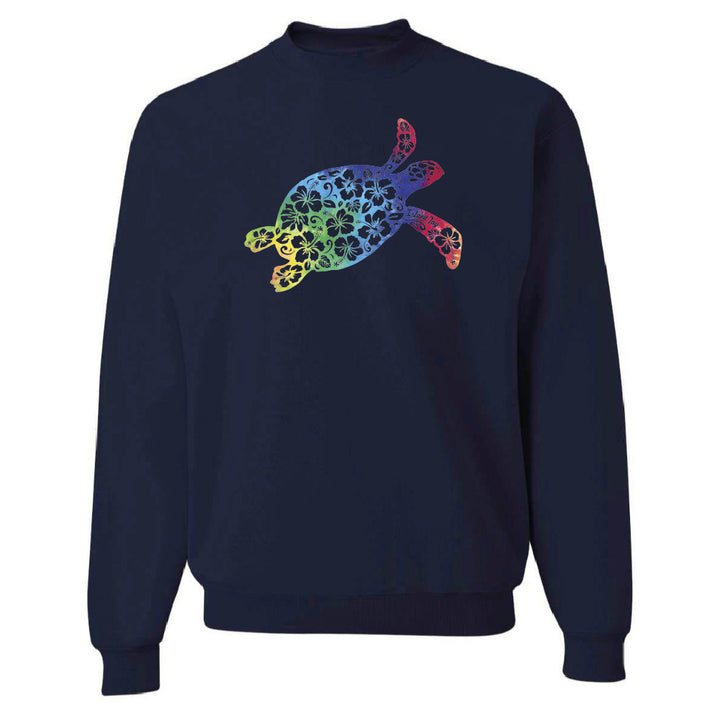 Navy blue sweatshirt with a colorful turtle design on a white background