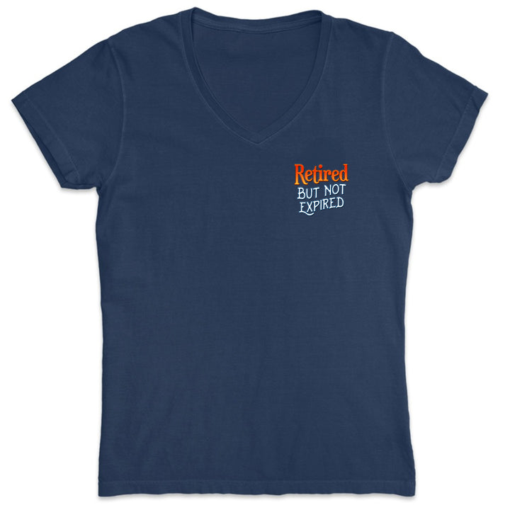 Navy blue t-shirt with 'Retired But Not Expired' text on a white background