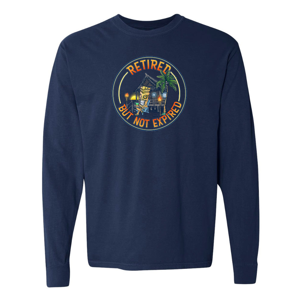 Navy blue long-sleeve shirt with a retirement-themed graphic on a white background