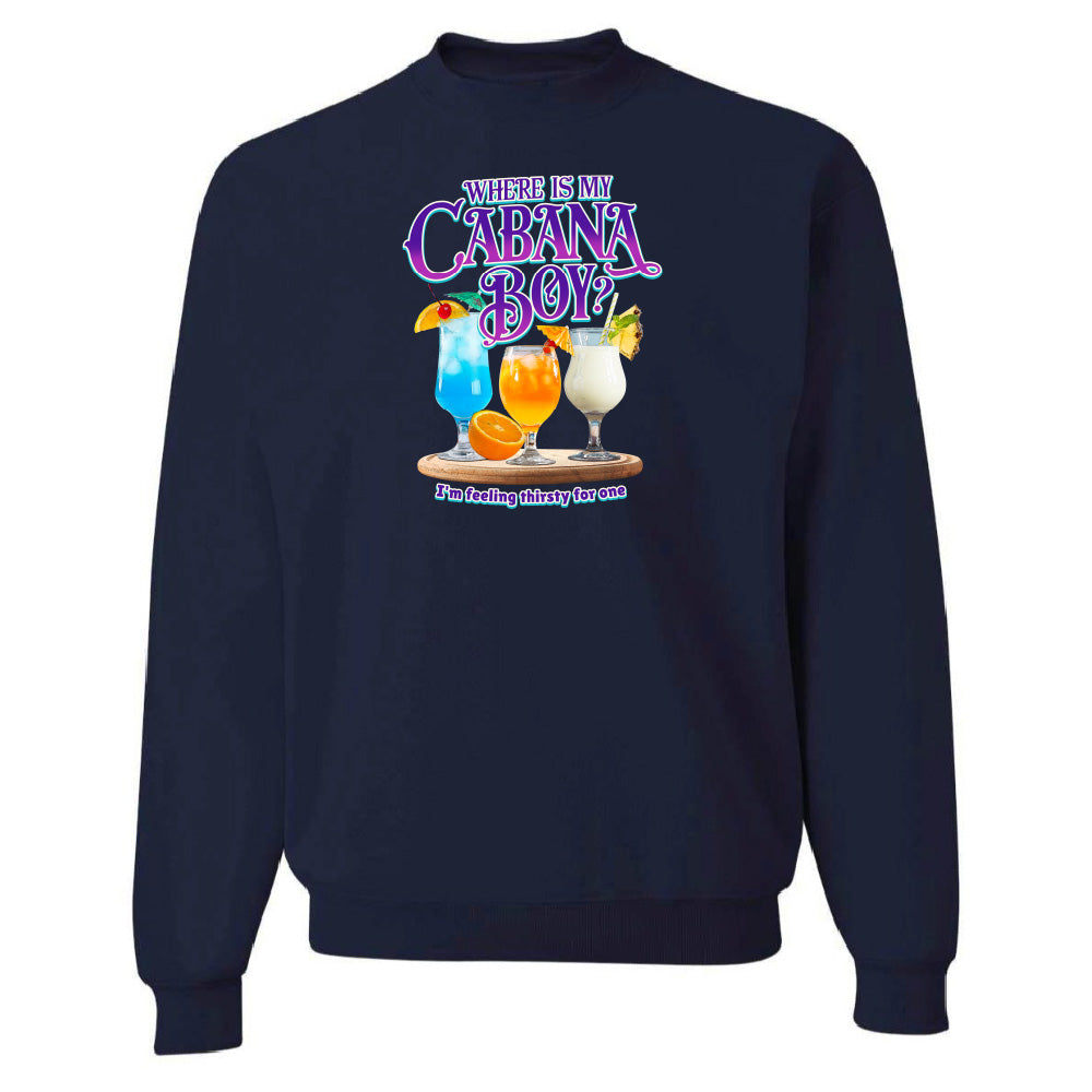 Navy blue sweatshirt with colorful drink graphic and text on a white background