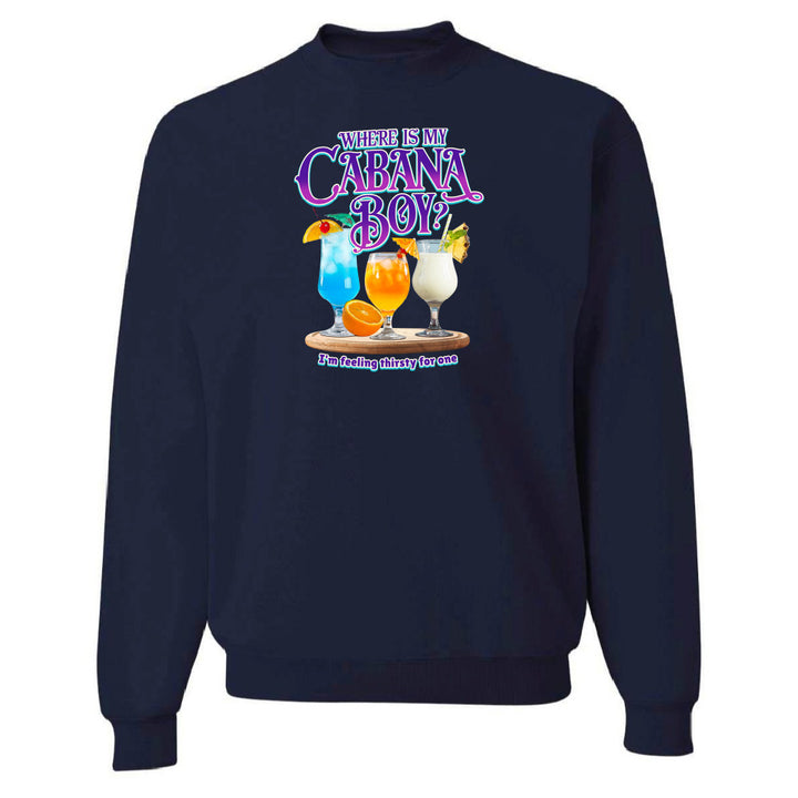 Navy blue sweatshirt with colorful drink graphic and text on a white background