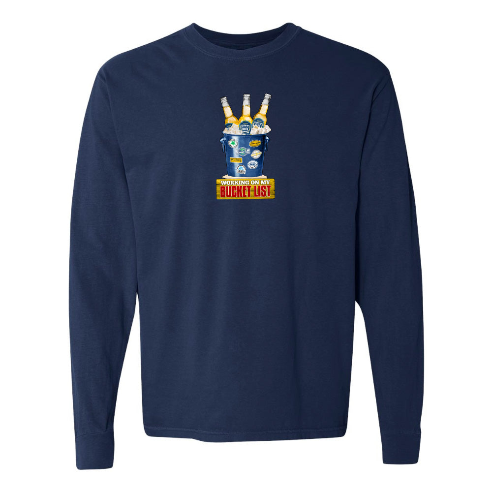 Navy blue long-sleeve shirt with a graphic design on a white background