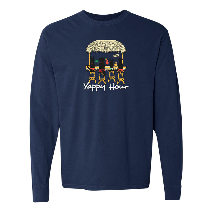 Navy blue long-sleeve shirt with a graphic of a tiki hut and 'Yappy Hour' text on a white background