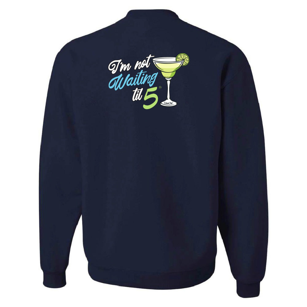 Navy sweatshirt with a graphic and text on the back against a white background