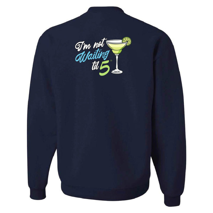 Navy sweatshirt with a graphic and text on the back against a white background