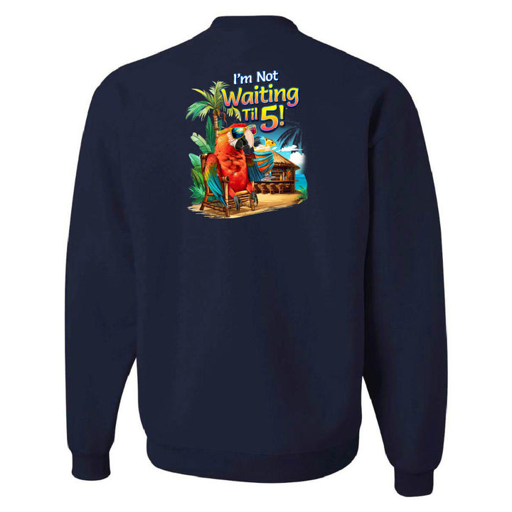 Navy blue sweatshirt with a colorful graphic and text on the back against a white background