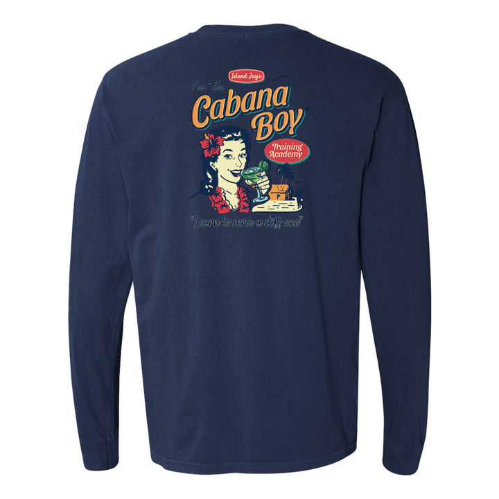 Navy blue long-sleeve shirt with 'Cabana Boy' graphic on a white background