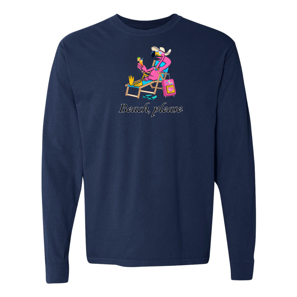 Navy blue long-sleeve shirt with a graphic of a person at the beach and 'Beach, please' text on a white background.