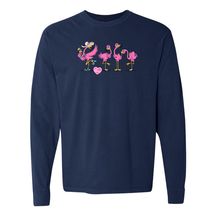 Navy blue long-sleeve shirt with pink flamingo design on a white background