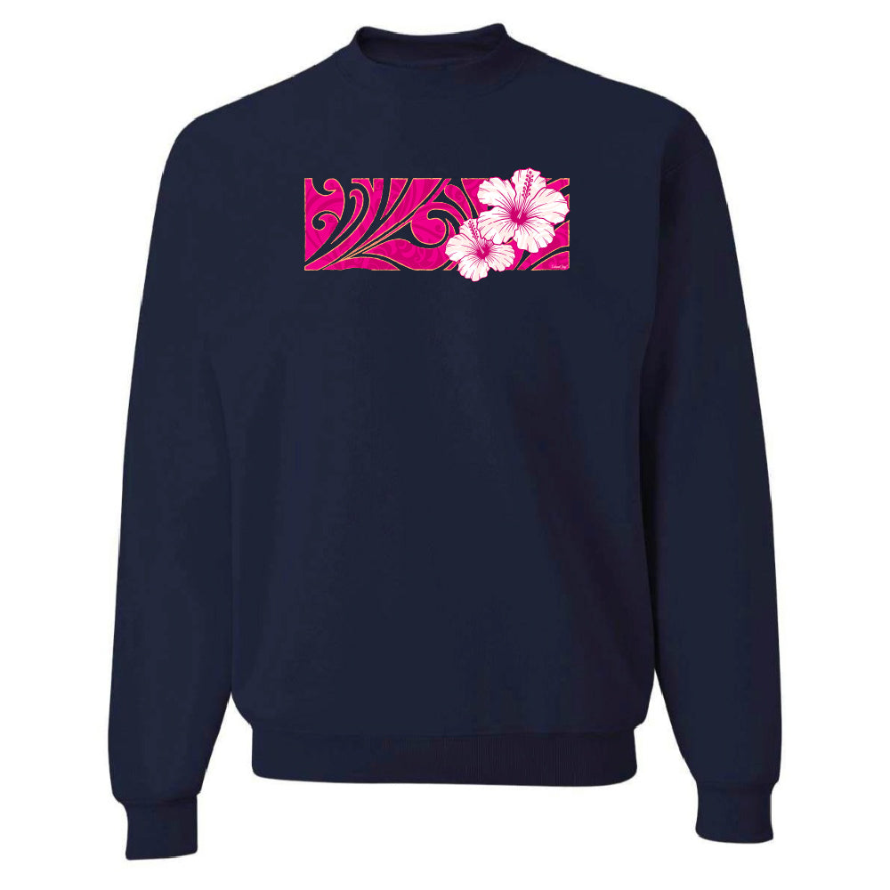 Navy blue sweatshirt with pink floral design on a white background