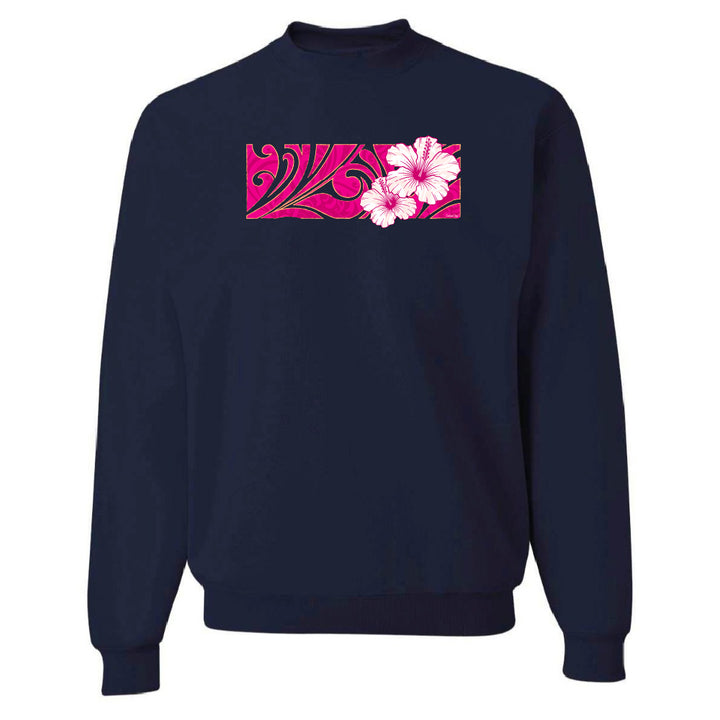 Navy blue sweatshirt with pink floral design on a white background