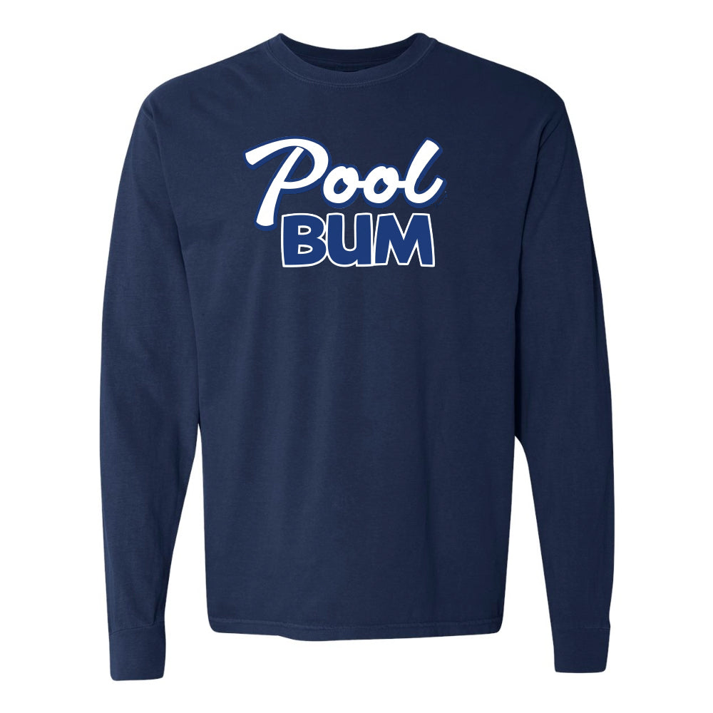 Navy blue long-sleeve shirt with 'Pool Bum' text in white and blue on a white background