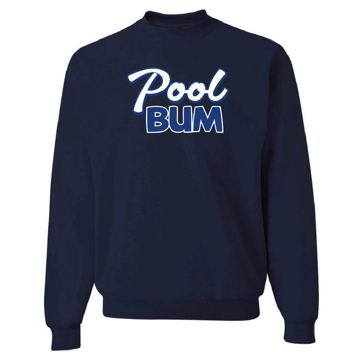 Navy blue sweatshirt with 'Pool Bum' text on a white background