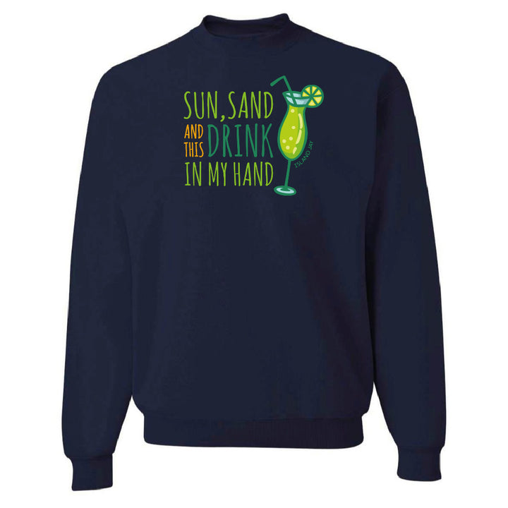 Navy blue sweatshirt with a colorful graphic and text on a white background