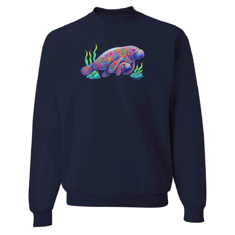 Navy blue sweatshirt with a colorful manatee design on a white background