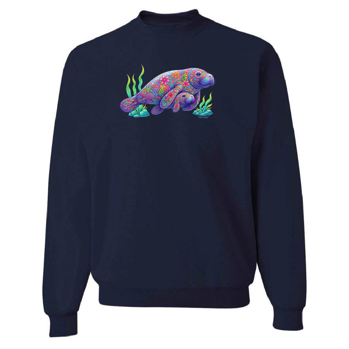 Navy blue sweatshirt with a colorful manatee design on a white background