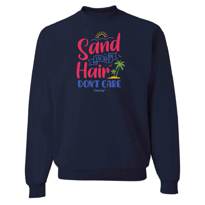 Navy blue sweatshirt with colorful text design on a white background