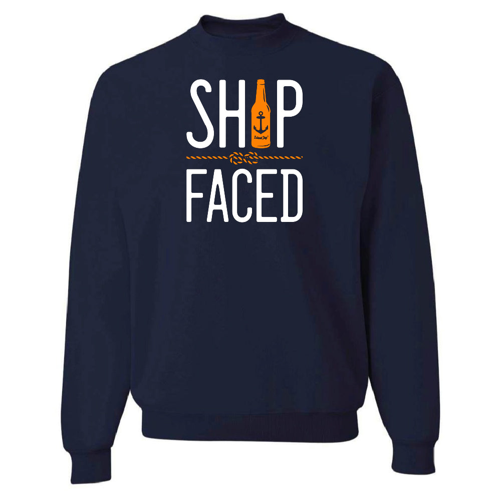 Navy blue sweatshirt with 'SHIP FACED' text and graphic on a white background