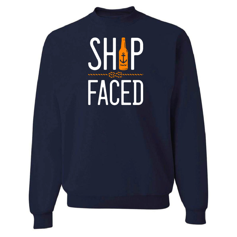 Navy blue sweatshirt with 'SHIP FACED' text and graphic on a white background