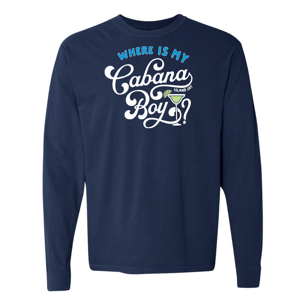 Navy blue long-sleeve shirt with white and blue text design on a white background