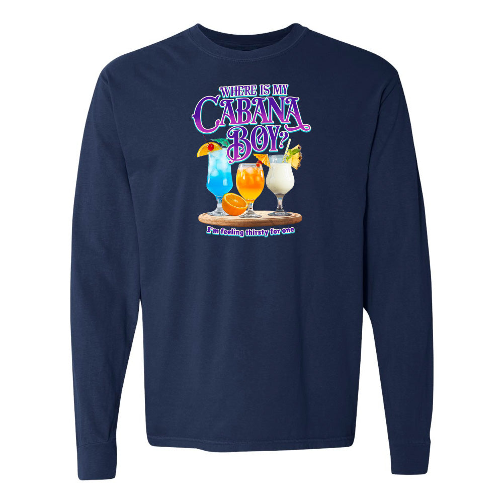Navy blue long-sleeve shirt with colorful graphic and text on a white background