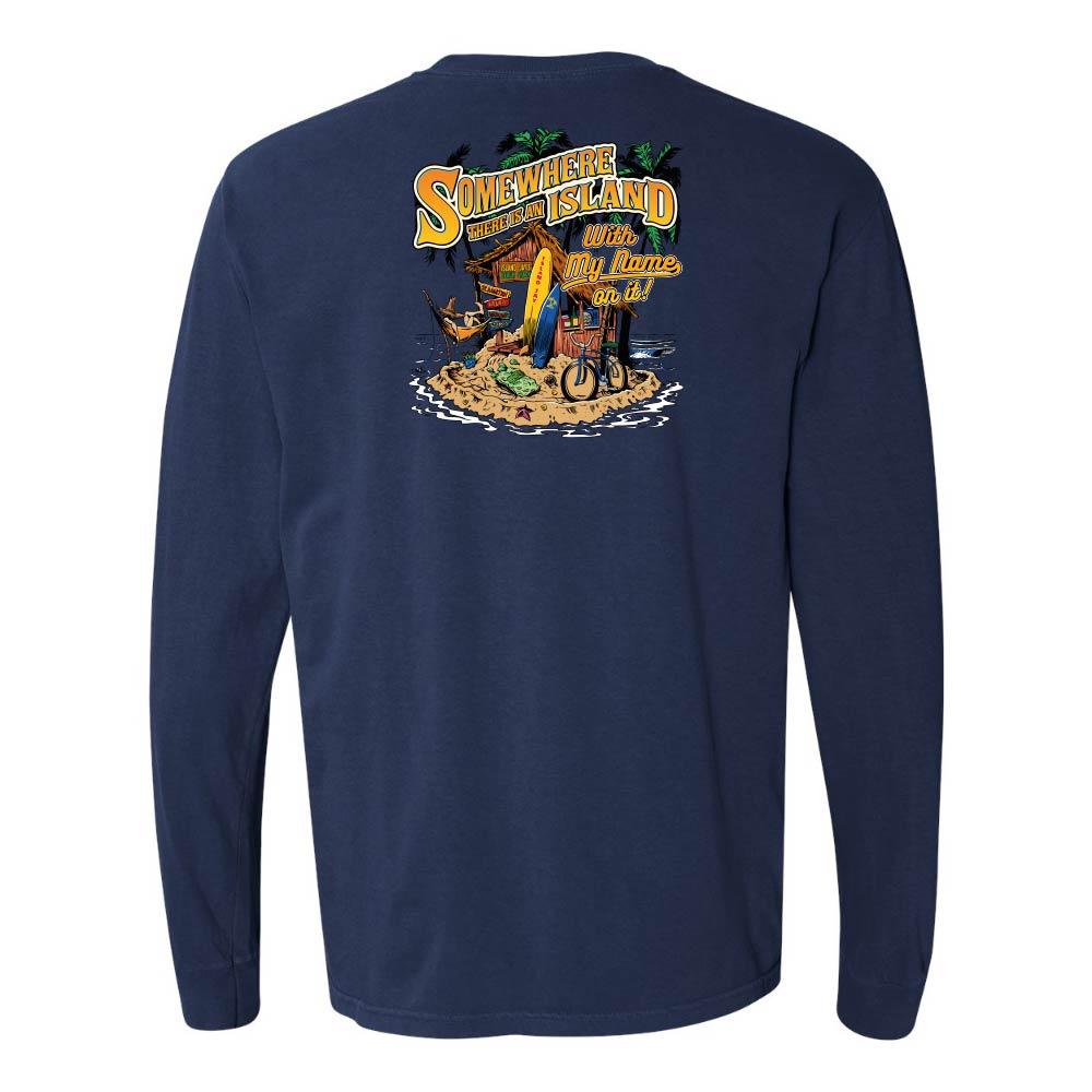 Navy long-sleeve shirt with a colorful graphic on the back against a white background
