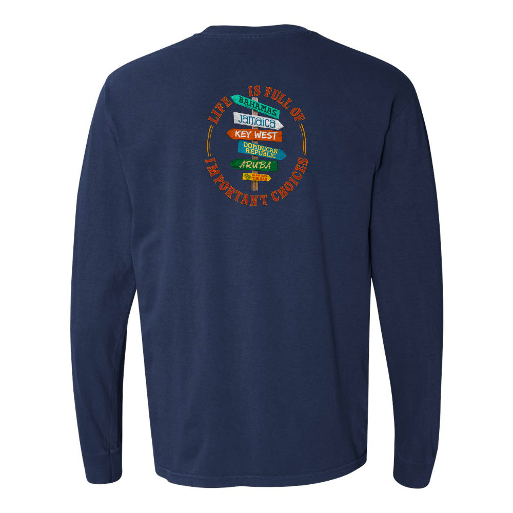 Navy blue long-sleeve shirt with colorful graphic on the back 
