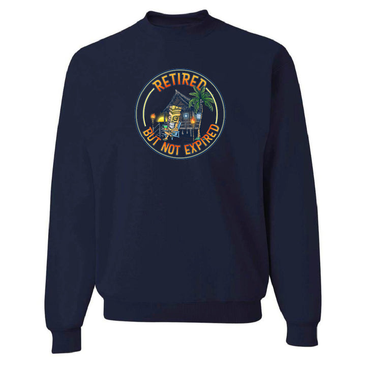 Navy blue sweatshirt with a colorful graphic and text on a white background