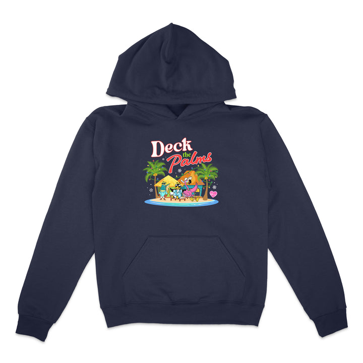 Navy blue hoodie with a tropical graphic design on a white background