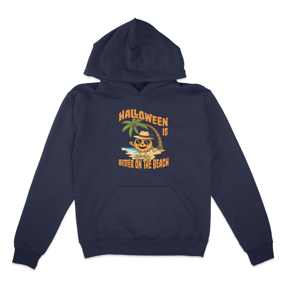 Navy blue hoodie with Halloween-themed design on a white background