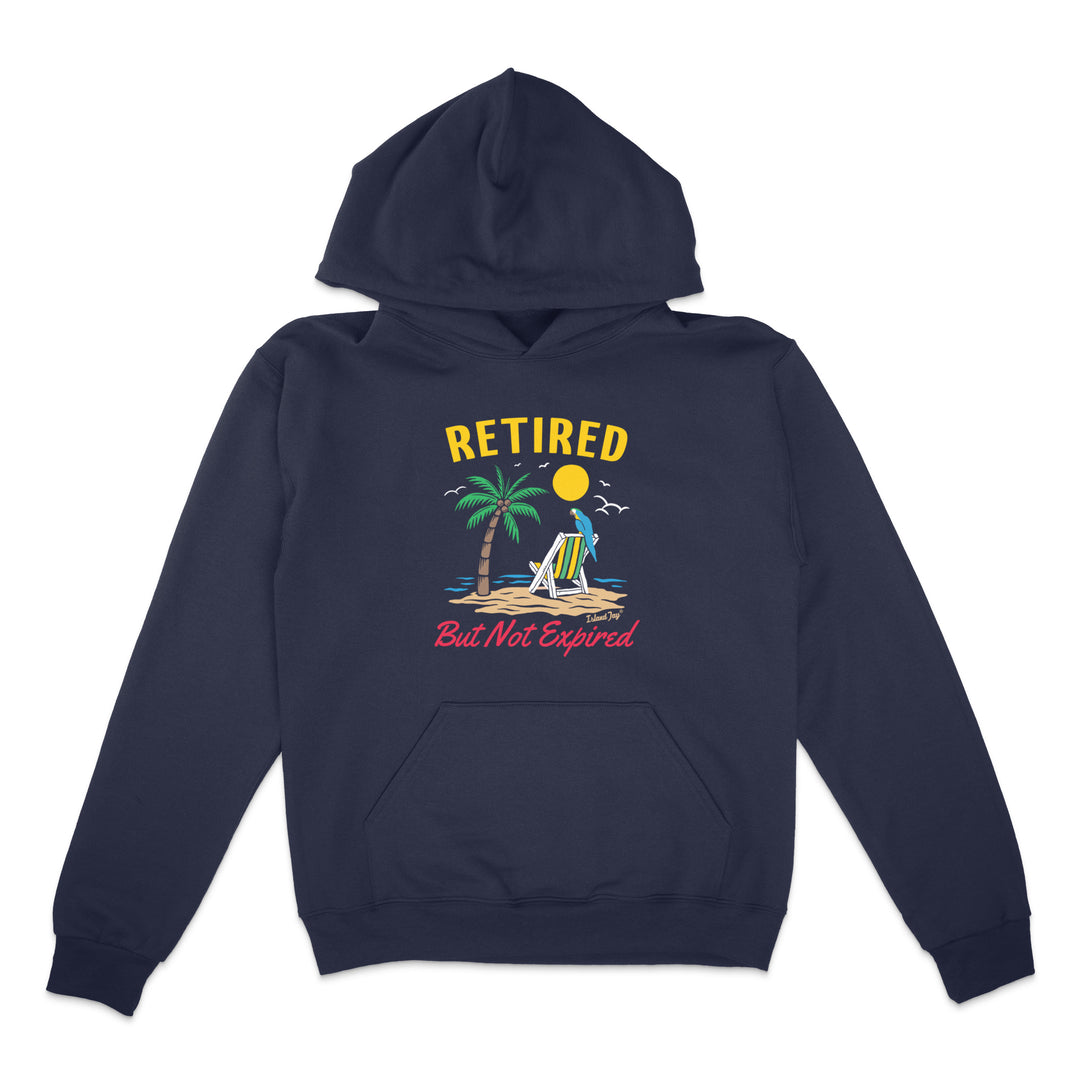 Navy blue hoodie with a tropical graphic and text on a white background