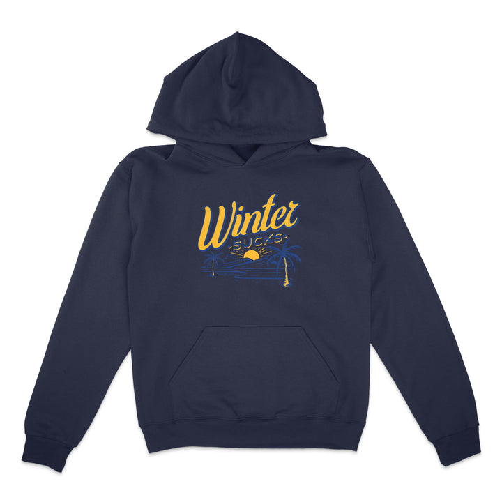 Navy blue hoodie with 'Winter Sucks' graphic on a white background