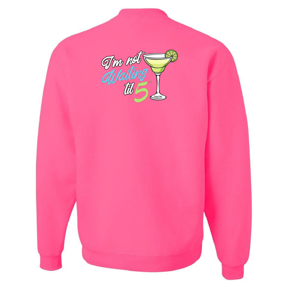 Pink sweatshirt with a graphic and text on the back against a white background