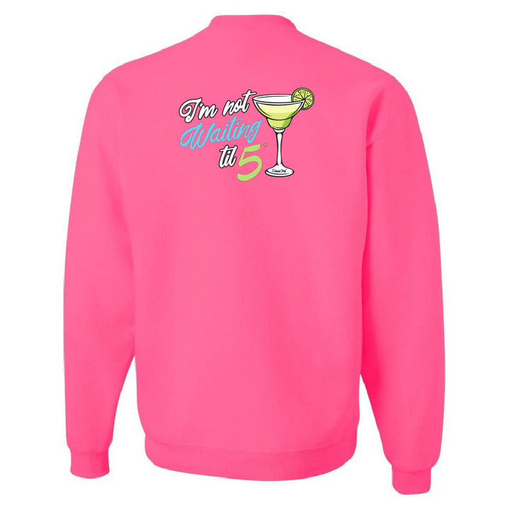 Pink sweatshirt with a graphic and text on the back against a white background
