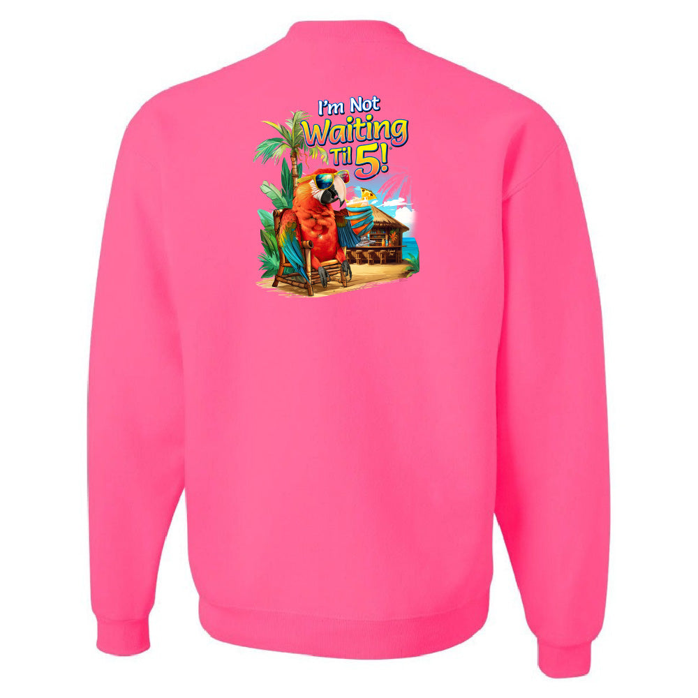 Pink sweatshirt with a colorful graphic and text on the back against a white background