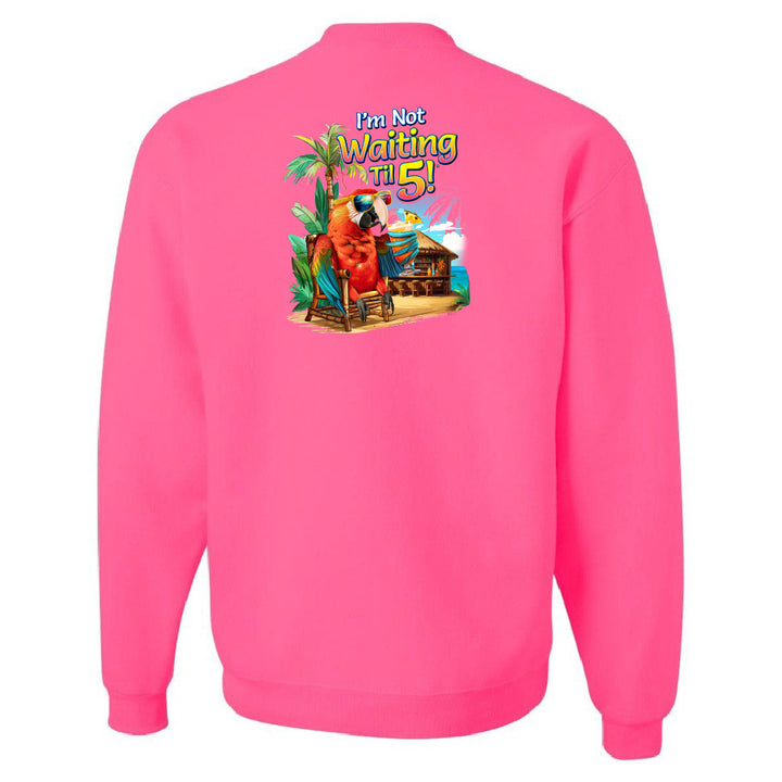 Pink sweatshirt with a colorful graphic and text on the back against a white background