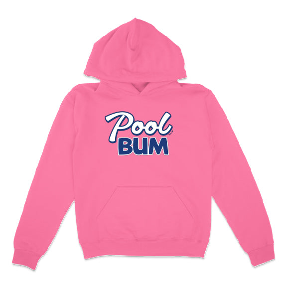 Pink hoodie with 'Pool Bum' text on a white background