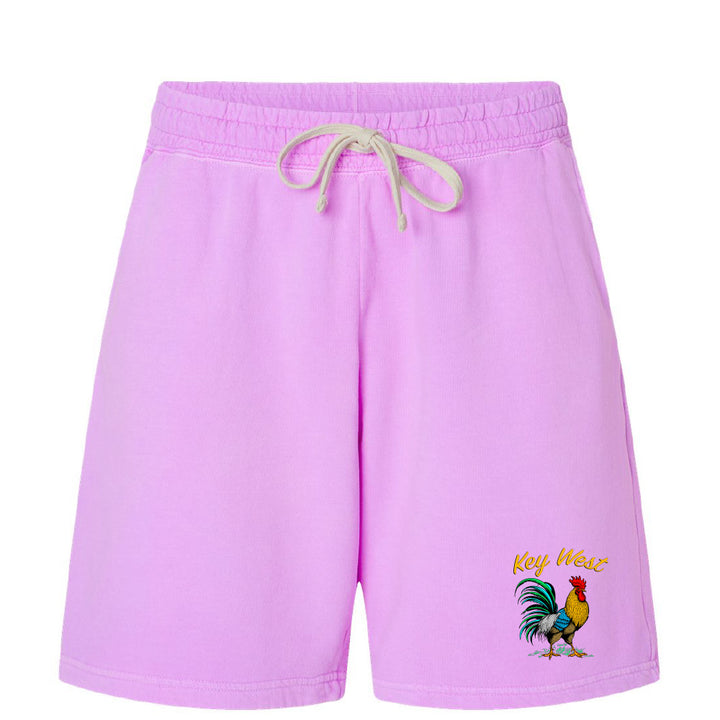 Purple shorts with a rooster graphic and 'Key West' text on a white background