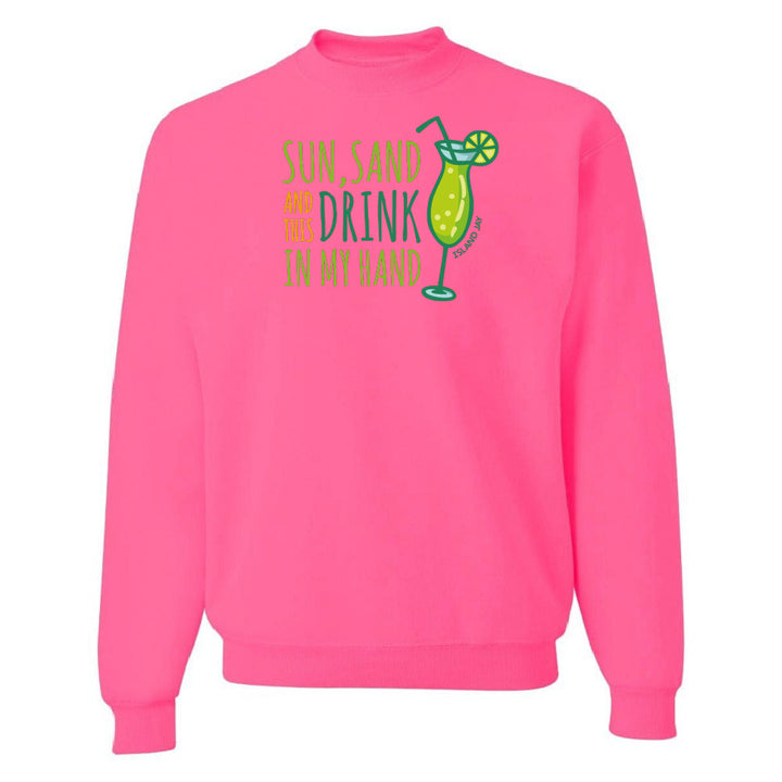Pink sweatshirt with a graphic and text on a white background