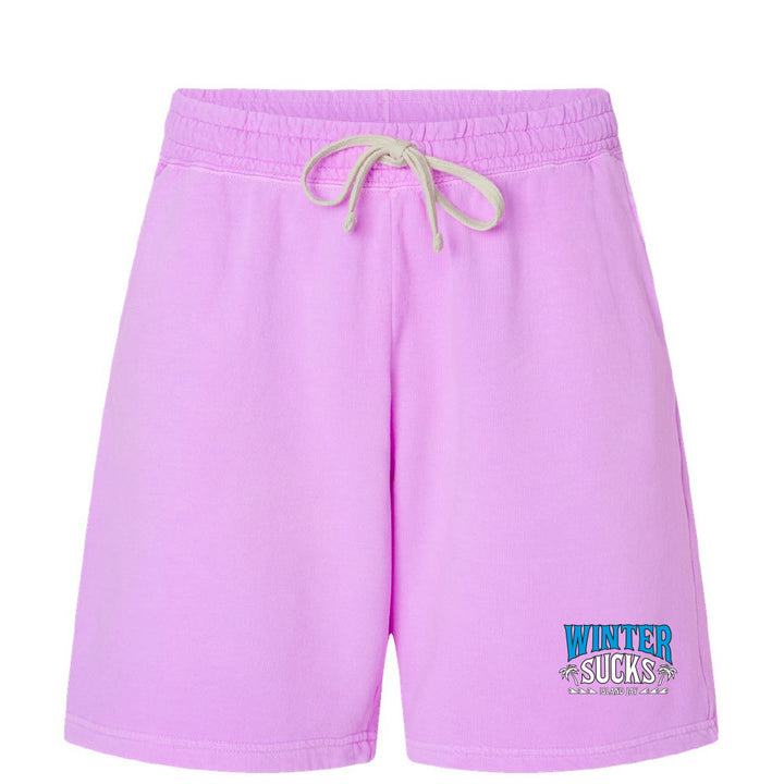 Purple shorts with text on a white background