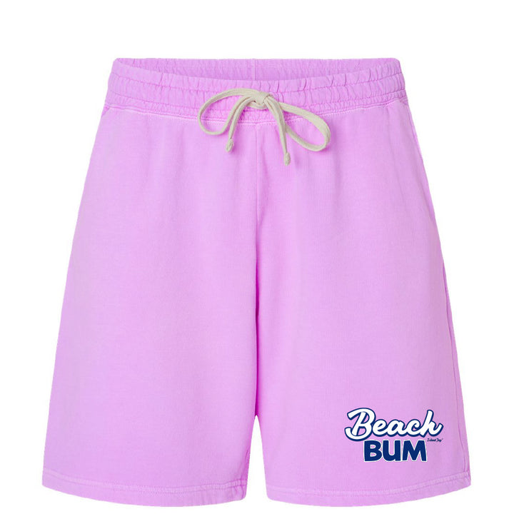 Purple shorts with 'Beach Bum' text on a white background