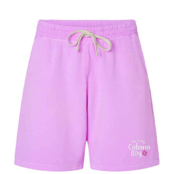 Purple shorts with a drawstring on a white background