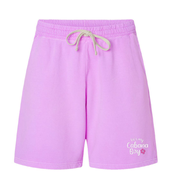 Purple shorts with a drawstring on a white background