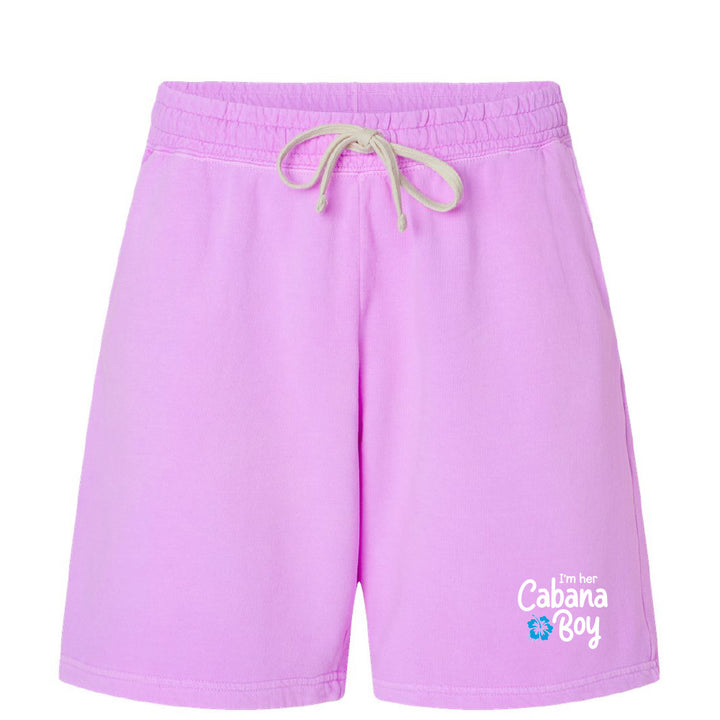 Purple shorts with a logo and text on a white background