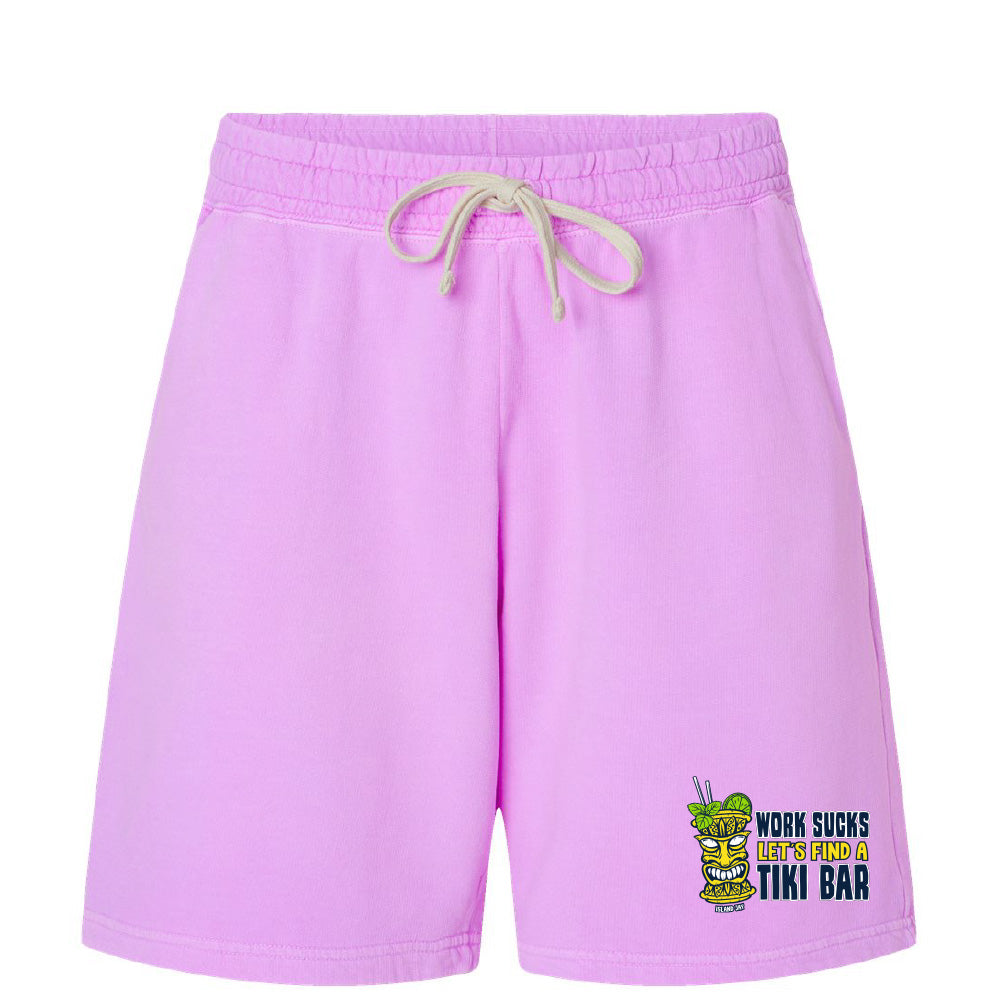 Pink shorts with a graphic and text on a white background