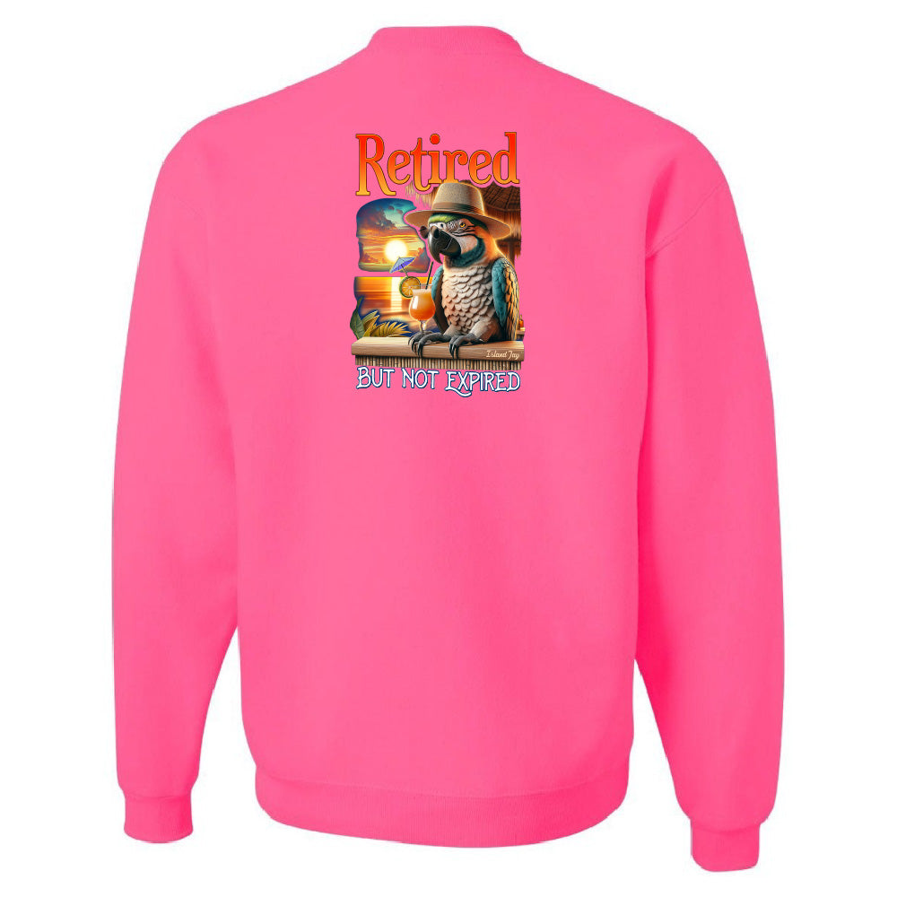 Pink sweatshirt with a parrot graphic and text on the back, on a white background