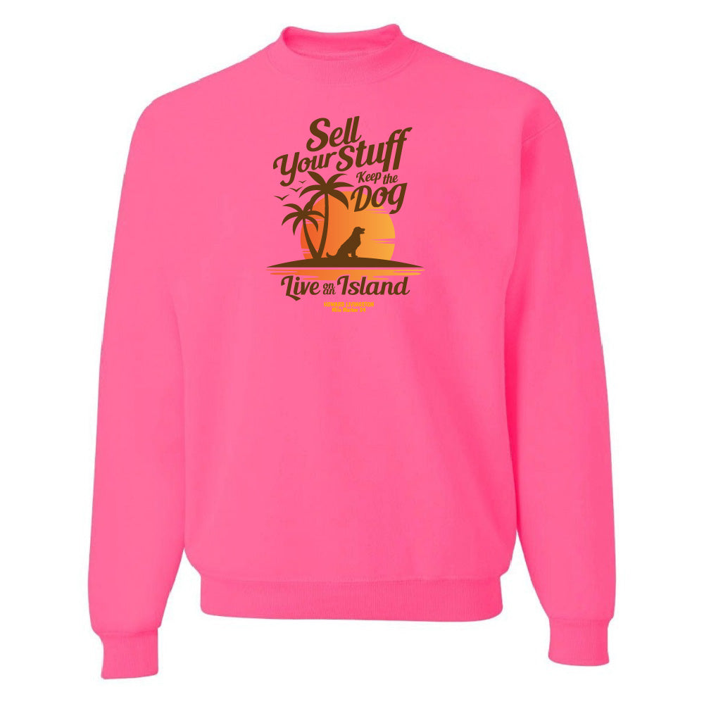 Pink sweatshirt with a graphic design and text on a white background