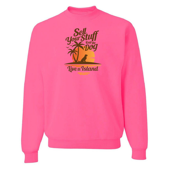 Pink sweatshirt with a graphic design and text on a white background